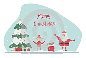 Christmas card with Santa Claus, deer, Christmas tree and gifts. Vector illustration in flat style.