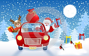 Christmas card with Santa Claus and fawn deer in red vintage car with gift box against winter forest background