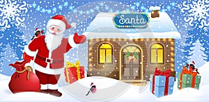 Christmas card with Santa Claus, gifts bag and boxes against  Santa`s workshop and winter forest background. New Year design