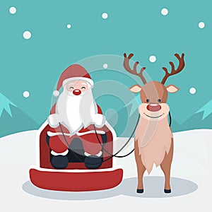 Christmas card of Santa Claus in his sleigh with reindeer in Christmas landscape