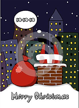 Christmas card santa claus jumping down the chimney