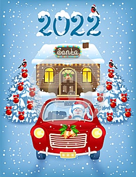 Christmas card with Santa Claus in red car against brick workshop house background and two Christmas trees