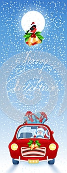 Christmas card with Santa Claus in red car with gift box against snowfall background  and moon