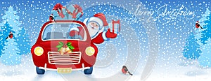 Christmas card with Santa Claus in red car with gift box against winter forest background
