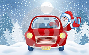 Christmas card with Santa Claus in red car with gift box against winter forest background and moon sky