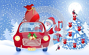 Christmas card with Santa Claus in red car with gift box and bag against winter forest background