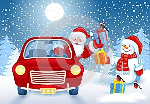 Christmas card with Santa Claus in red car with gift box and Snowman against winter forest background