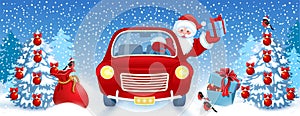 Christmas card with Santa Claus in red retro car with gift box against winter forest background