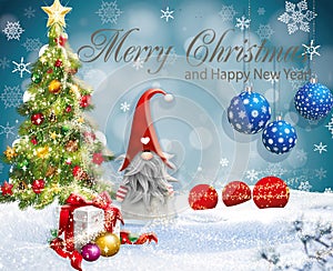 The Christmas Card Santa Claus, Scandinavia Nisse Gnome Santa Claus Elf, Christmas Tree, Snow, Balls, Gigt, Merry Christmas,