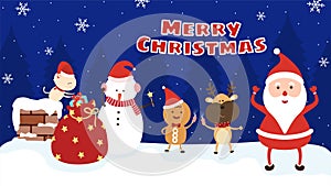 Christmas card. Santa claus, snowman, reindeer and  gingerbread man bless people.