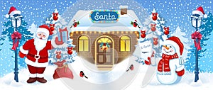 Christmas card with Santa Claus, Snowman with wish list, Santa`s workshop and streetlamp against winter forest background. New