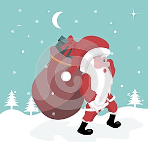 Christmas card of Santa Claus walking in the snow with gifts