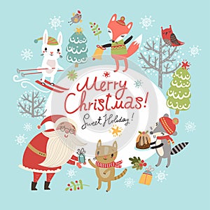 Christmas card with Santa and cute characters