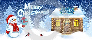 Christmas card with Santa house workshop and Snowman with gift box and bullfinch bird against winter forest background. New Year