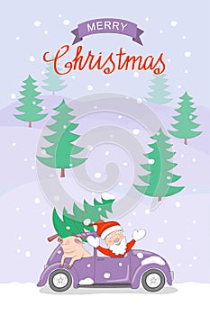Christmas card with santa and pig in retro car