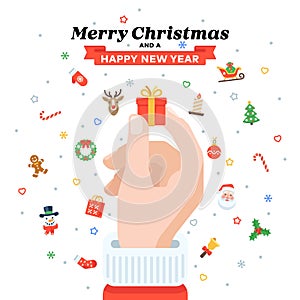 Christmas card with Santa`s hand holding gift box. Flat design