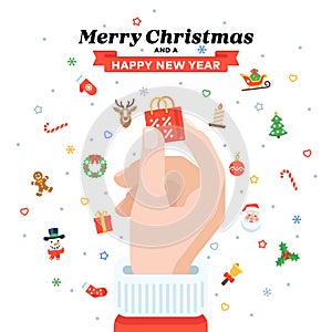 Christmas card with Santa`s hand holding shopping bag. Flat design