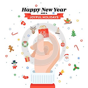 Christmas card with Santa`s hand holding shopping bag. Flat design