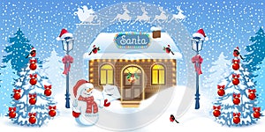 Christmas card with Santa`s workshop home, Snowman with wish list and streetlamp against winter forest background and reindeer