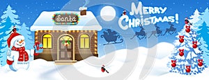 Christmas card with Santa\'s workshop and Snowman, against forest background and Santa Claus in sleigh with reindeer team