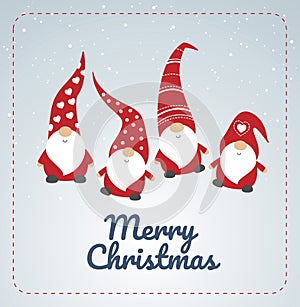 Christmas card with seasons greetings, cute little Christmas gnomes in red hats dancing - vector illustration