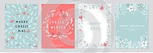 Christmas card set - hand drawn floral flyers. Lettering with christmas decorative elements