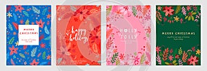 Christmas card set - hand drawn floral flyers. Lettering with Christmas decorative elements