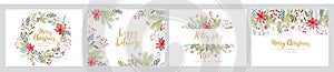 Christmas card set - hand drawn floral flyers. Lettering with Christmas decorative elements