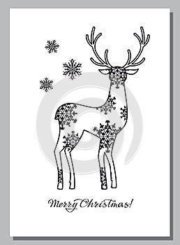 Christmas card with a silhouette of a deer and an artistic drawing text: