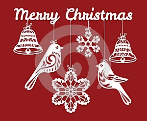 Christmas card. Silhouette for laser or paper cutting. White lace Birds, bells, snowflakes on red background.