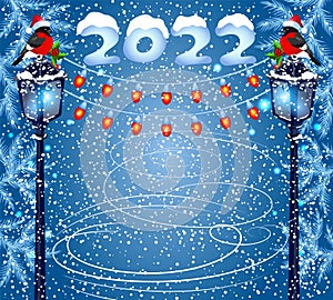 Christmas card with skating rink and bullfinch bird in Santa hat sitting on street lamp lantern with lightbulbs garland against