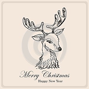 Christmas card with sketch deer. Hand drawing illustration