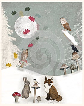 Christmas card with snow, animals, trees and the moon.