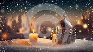Christmas card with snow and candles. Winter holidays ornament and candles on the Xmas scene. Generated AI.