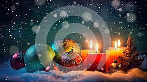 Christmas card with snow and candles. Winter holidays ornament and candles on the Xmas scene. Generated AI.