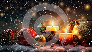 Christmas card with snow and candles. Winter holidays ornament and candles on the Xmas scene. Generated AI.