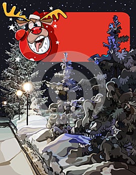 Christmas card with snow covered trees and a billboard with a clock deer