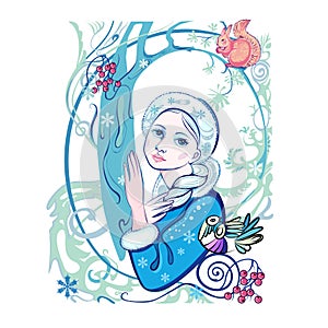 Christmas card Snow Maiden in Art Deco style