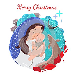 Christmas card with snow, mother and child