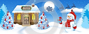 Christmas card with Snowman, brick house and Santa`s workshop against winter forest background and Santa Claus in sleigh with