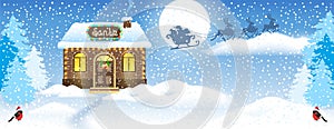 Christmas card with Snowman, brick house and Santa`s workshop against winter forest background and Santa Claus in sleigh with