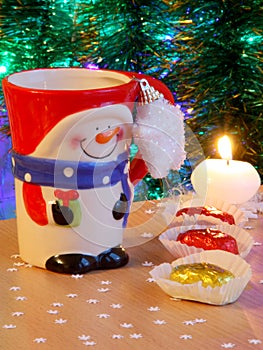 Christmas Card : Snowman and Candle - Stock Photos