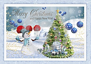 The Christmas Card, Snowman, Christmas Tre, Chistmas gift, Ball, Merry Christmas, Happy new Year, Iilustracion, Hollydays photo