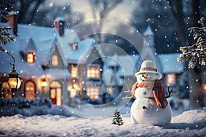 Christmas card with a snowman in front of snow-covered houses in the forest on Christmas night, AI generation