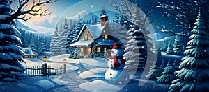 Christmas card with a snowman in front of snow-covered houses in the forest on Christmas night, AI generation