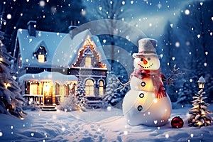 Christmas card with a snowman in front of snow-covered houses in the forest on Christmas night, AI generation