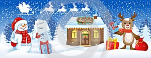 Christmas card with Snowman holding envelope with wish list,  deer with gift boxes and Santa`s workshop against winter forest