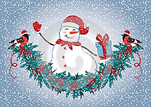 Christmas card with Snowman in Santa hat with gift box and christmas decorative garland and funny bullfinches. New Year design pos