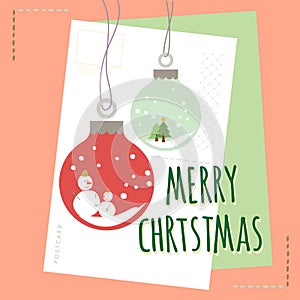 Christmas card Snowman with snowball xmas tree ornament cute holiday postcard