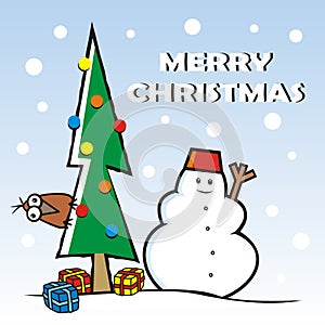 Christmas card, snowman and tree with bird